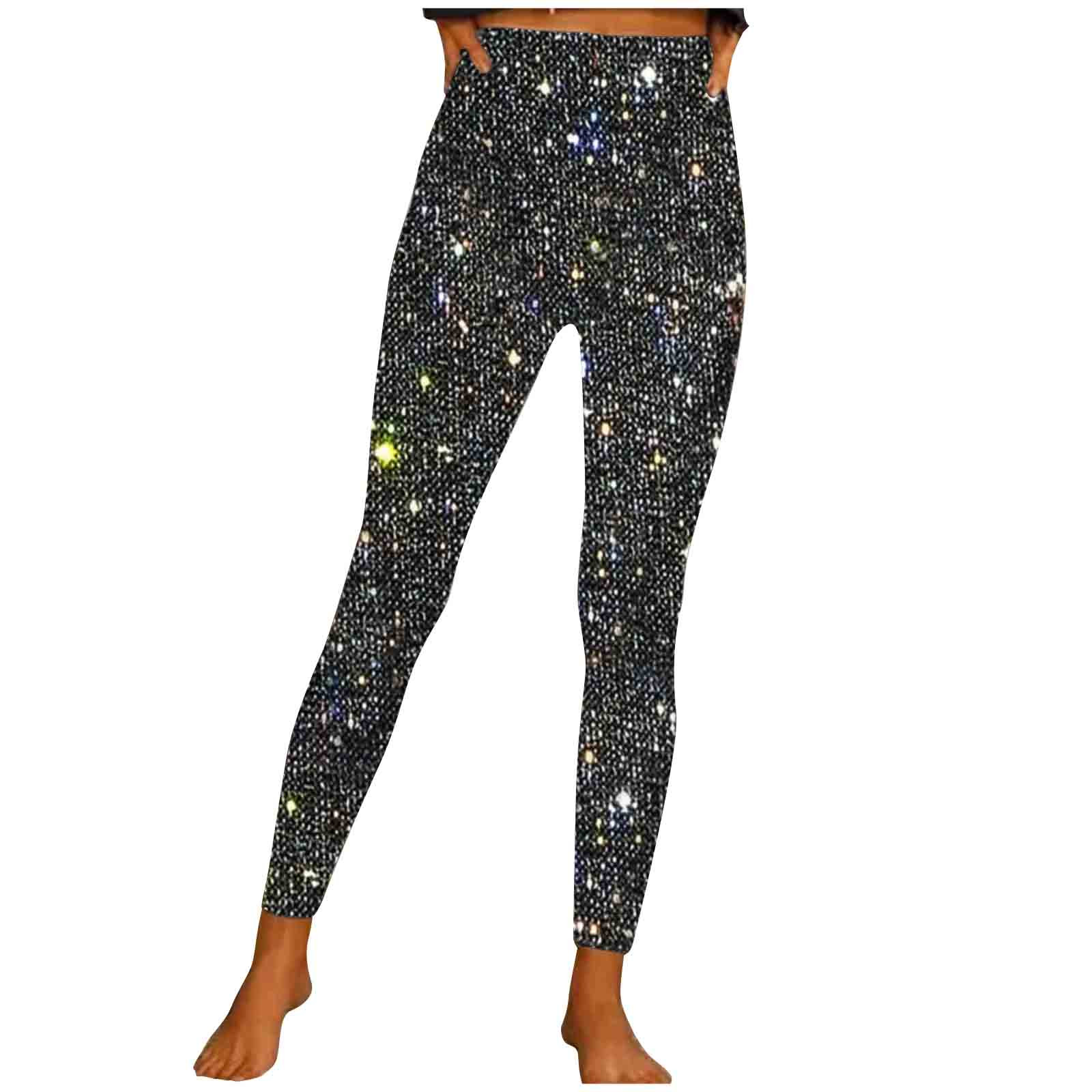 SMihono Women's High Waist Sparkly Sequin Glitter Shiny Leggings Pants Full Length Tummy Control Stretchy Skinny Pencil Pants for Party Clubwear Black XL